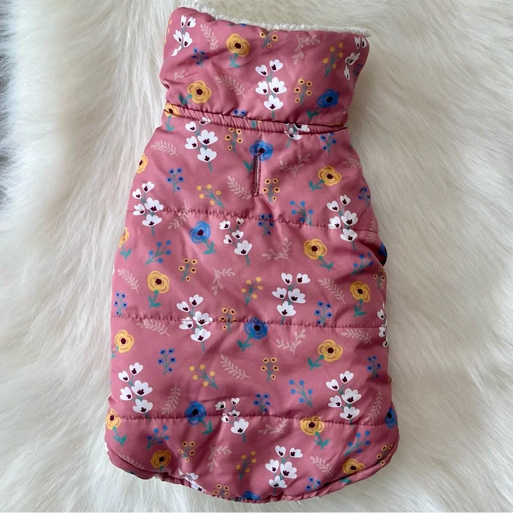 Floral puffer dog jacket, poppies on dusty rose pink, size small